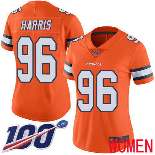 Women Denver Broncos #96 Shelby Harris Limited Orange Rush Vapor Untouchable 100th Season Football NFL Jersey->women nfl jersey->Women Jersey